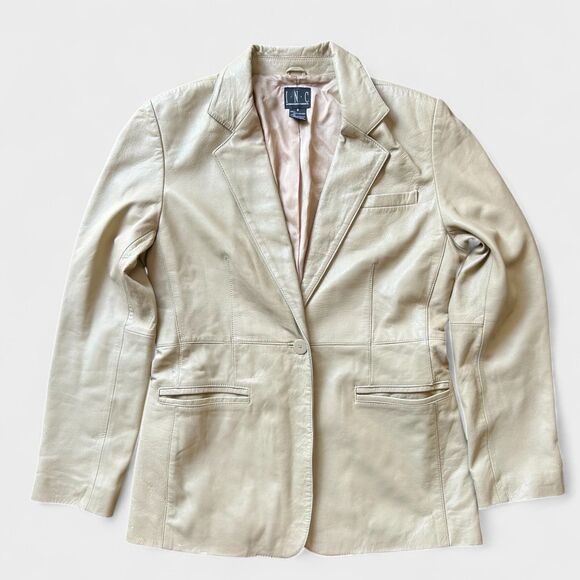 Vintage Y2K INC International Concepts Women’s Beige Genuine Leather Blazer Sz 8 - Picture 1 of 11